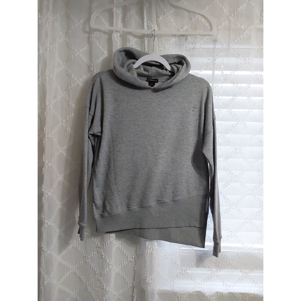 ESPERANZA Women's Gray Distressed Hoodie Casual Pullover Size S‎